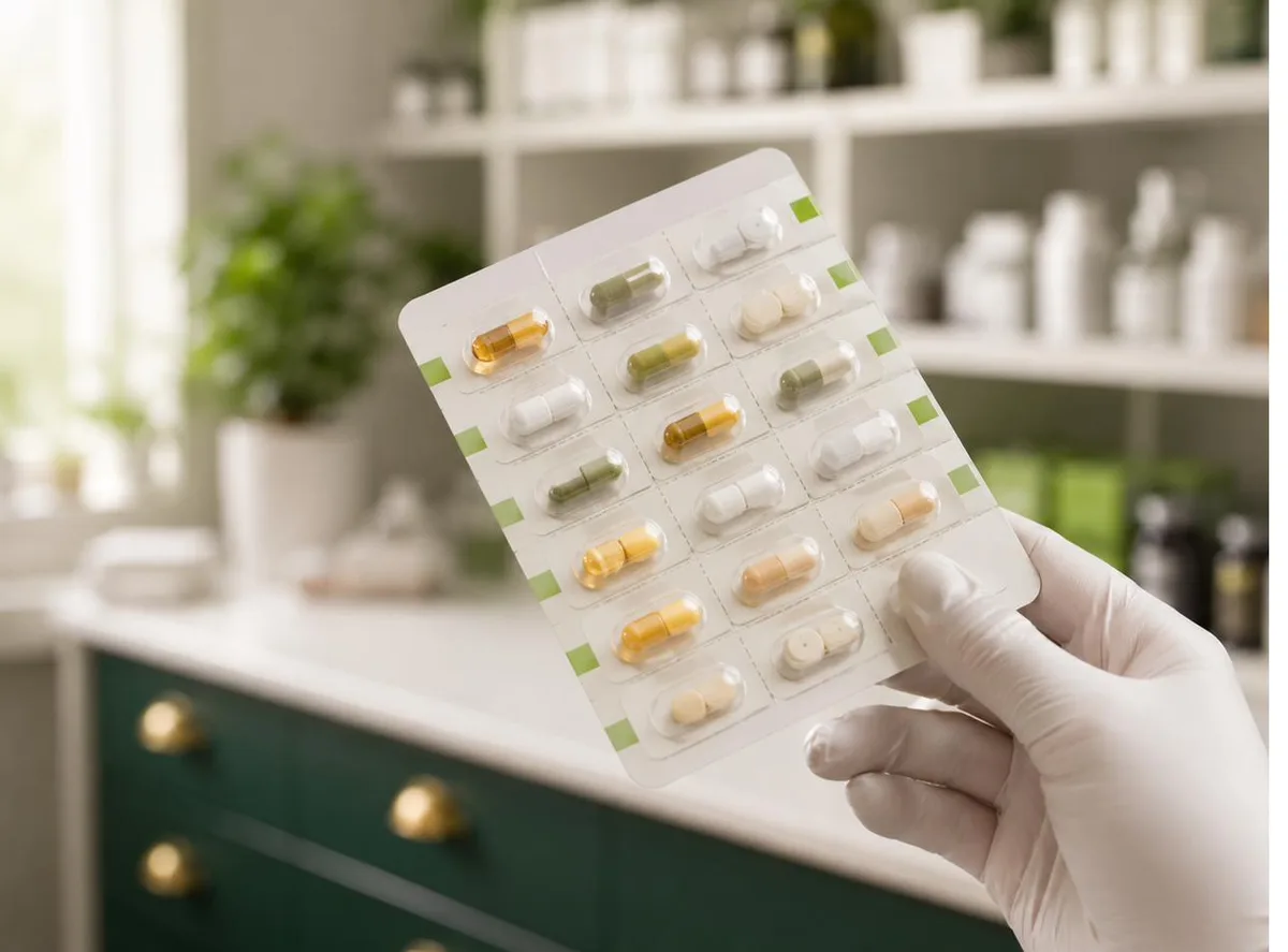 Pharmacist holding a weekly medication blister pack at Mediglen Pharmacy Coquitlam