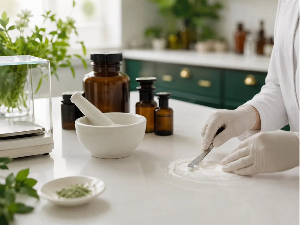 Pharmacist compounding a custom cream with mortar and pestle at Mediglen Pharmacy in Coquitlam