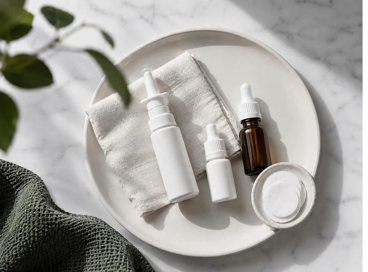 Compounded nasal spray and dropper bottles arranged on a ceramic tray
