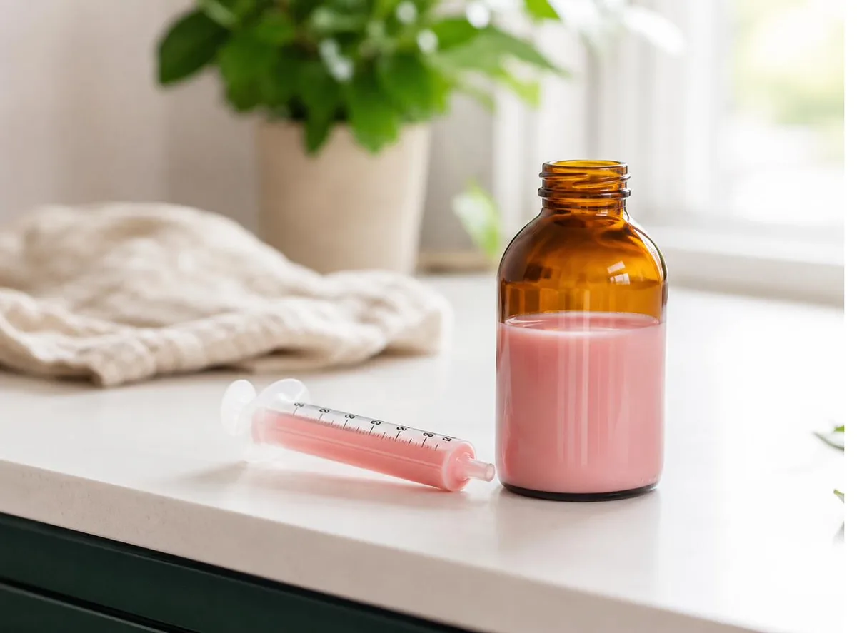 Compounded flavoured liquid medication in an amber bottle with an oral dosing syringe