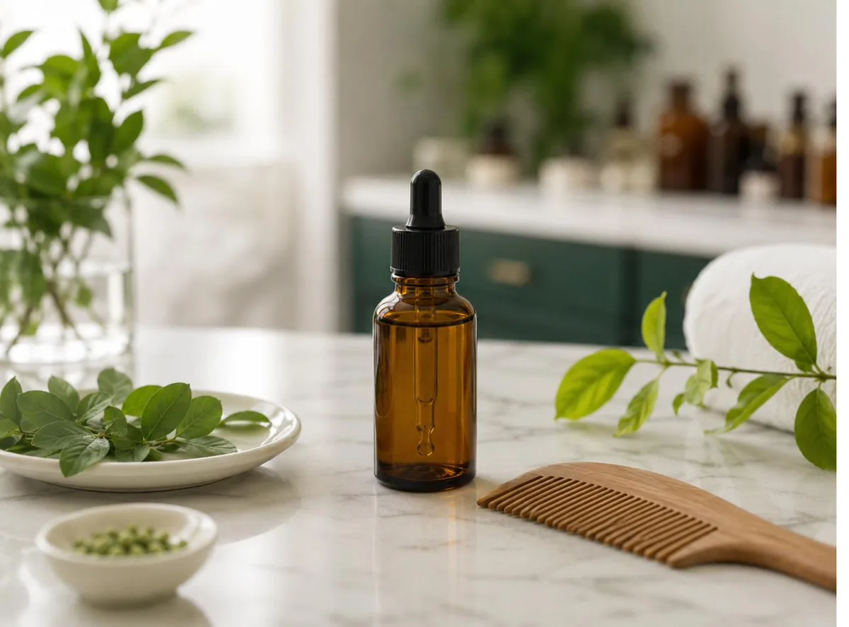 Compounded topical hair loss treatment in an amber dropper bottle beside a wooden comb