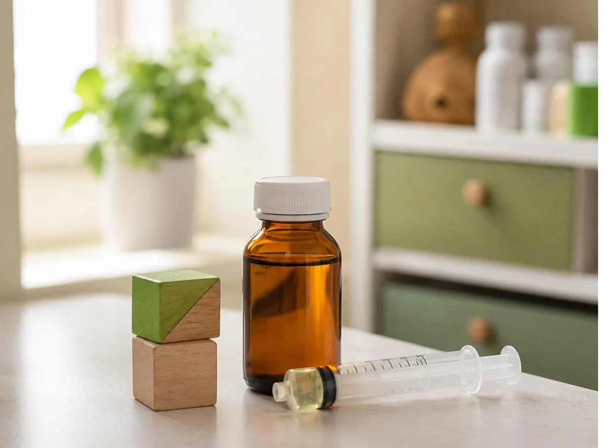 Compounded paediatric liquid medication in an amber bottle with an oral dosing syringe beside wooden toy blocks